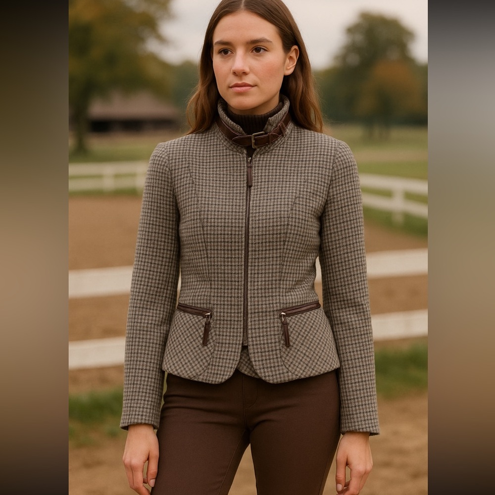 Talbots 6P Wool Tweed Houndstooth Equestrian Jacket Belted Neck Zipper Pockets